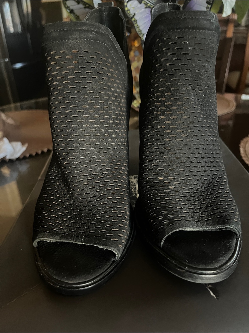 Vince Camuto Black Perforated Peep-Toe Mules